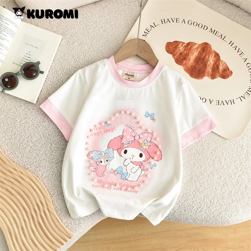 Kawaii Kuromi My Melody Cinnamoroll Middle Large Children's Pearl T-Shirt Summer Anime Sanrio Cute Girls Thin Short Sleeves