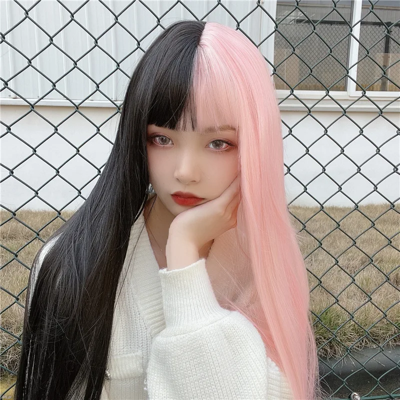 

Cosplay Black and Pink Two-Tone Yin Yang Head Manga Bangs Waist-Length Straight Hair Wig for Women