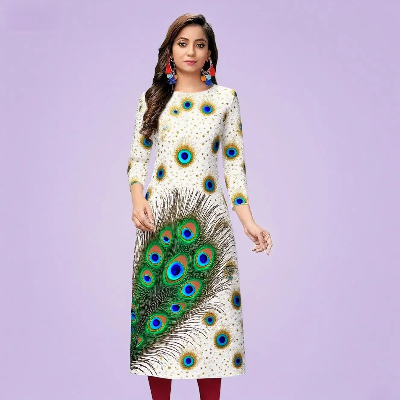 Kurt women's casual fashion dress long sleeved straight tube casual ethnic peacock round neck regular size design sense