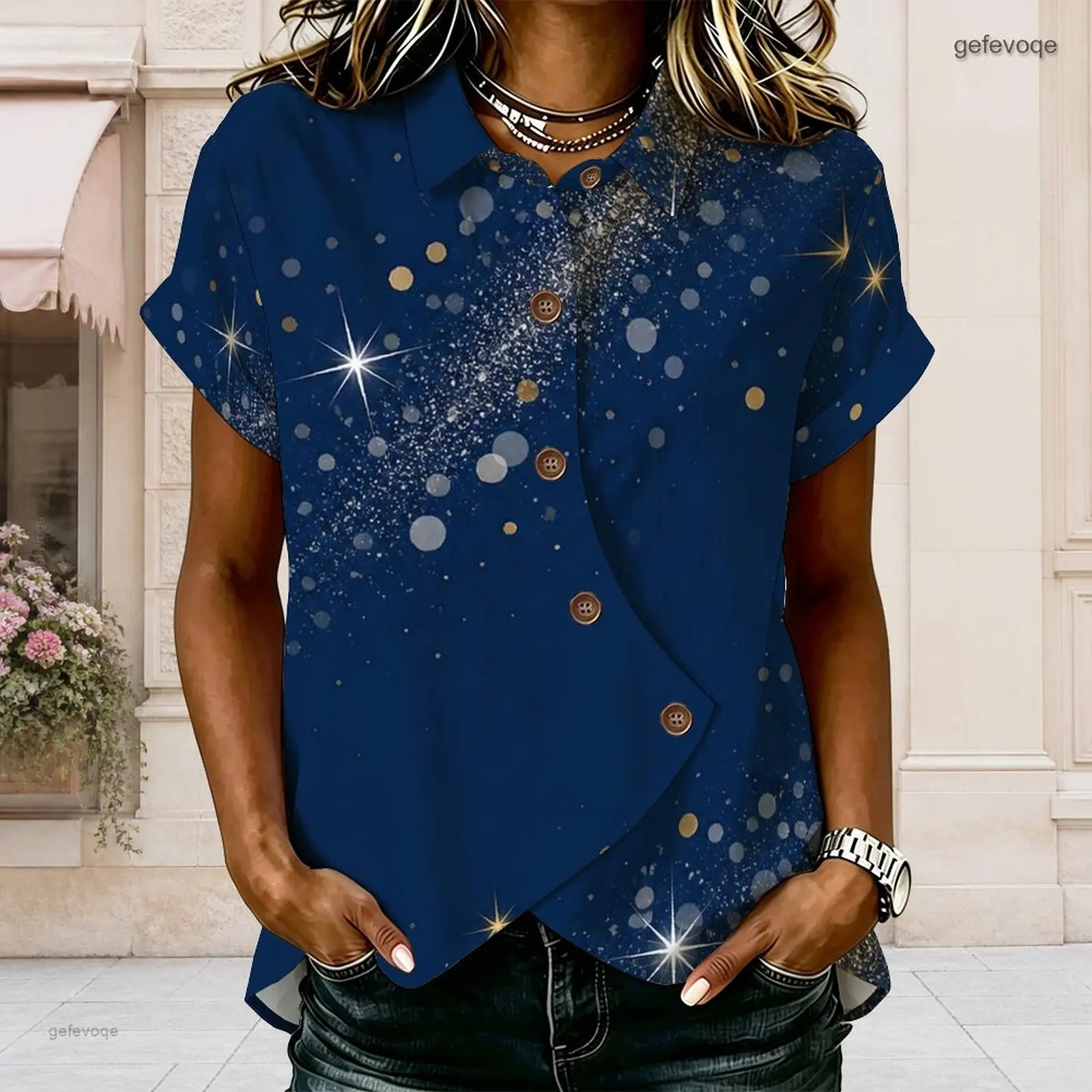 Women Shirt with Print Collared Neck Short Sleeve Button Front Cross Hem