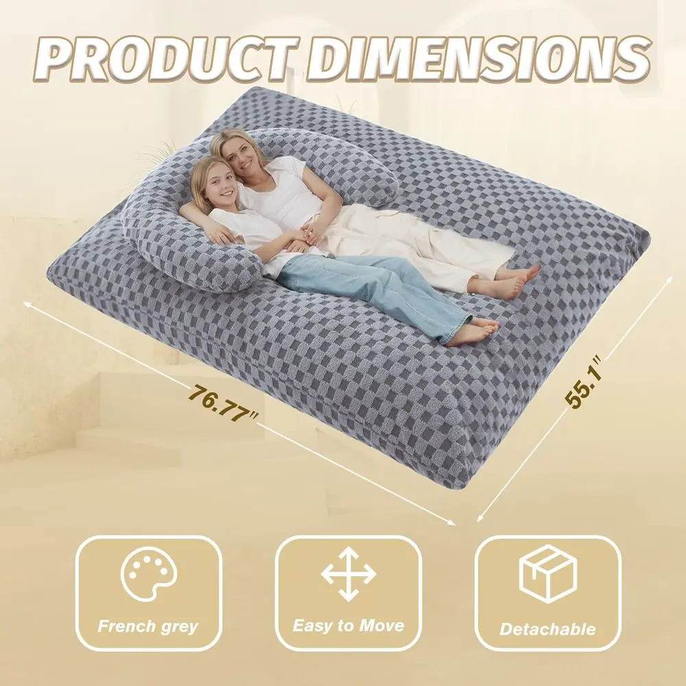 أريكة سرير قابلة للتحويل مع غطاء قابل للغسل ووسادة محمولة على شكل حرف U، كرسي بين باج رمادي فاتح عملاق #2