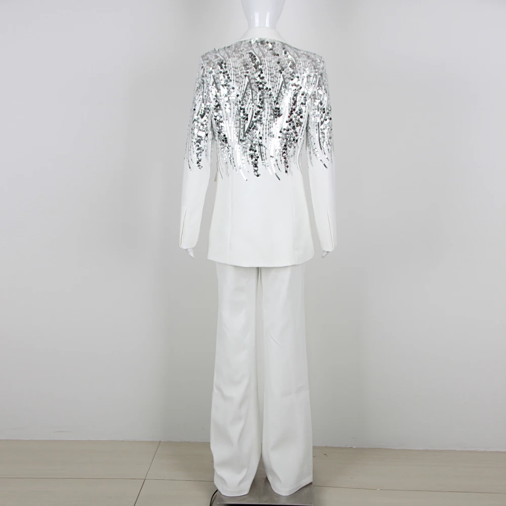 VC White Two Pieces Set Women 2024 Spring Fashion High Streetwear Sequin Design Long Sleeves Blazer Coat+Pants Suit