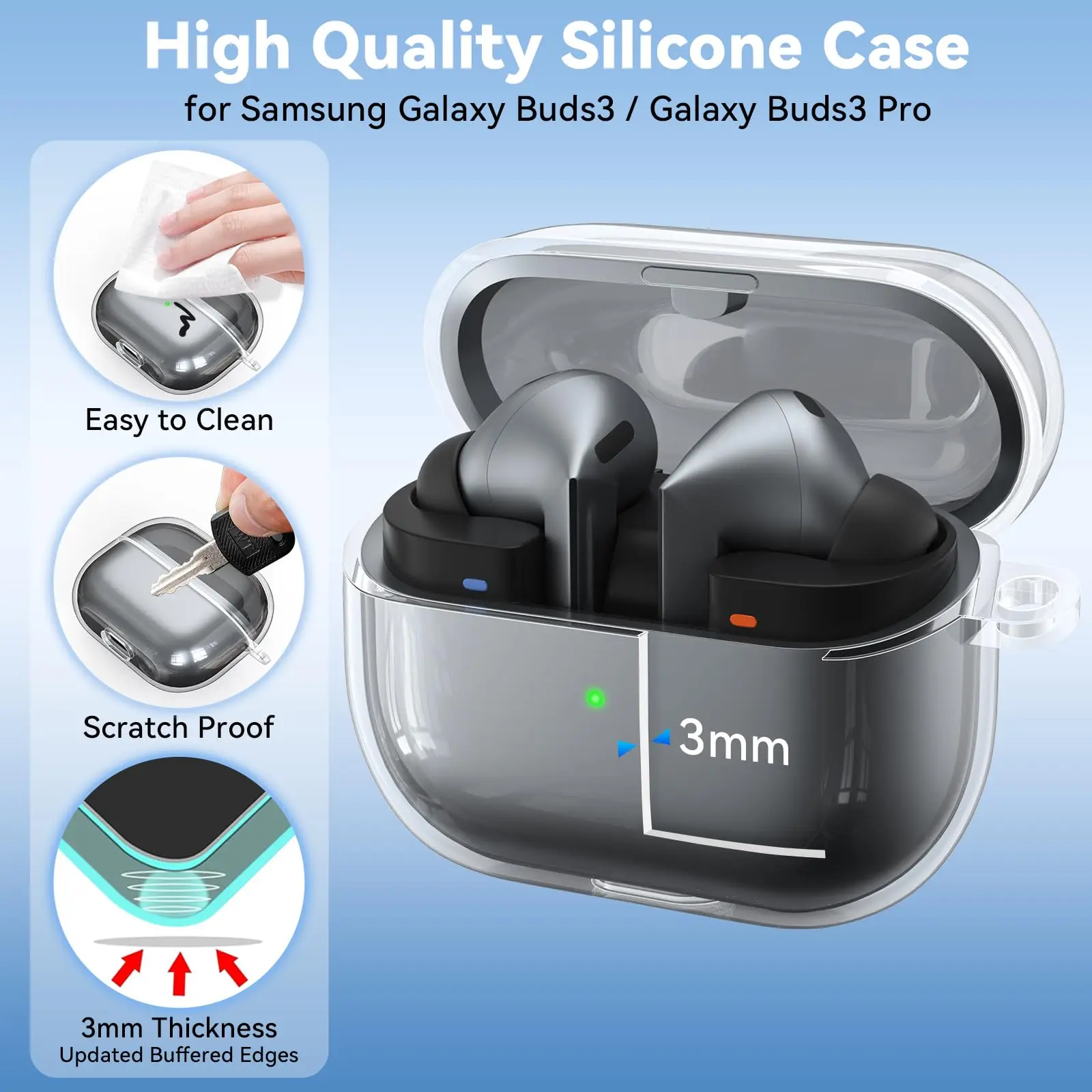 لهاتف Samsung Galaxy Buds 3 Pro & Buds 3، غطاء حماية من السيليكون الناعم مع حلقة تسلق للرجال والنساء (شفاف)