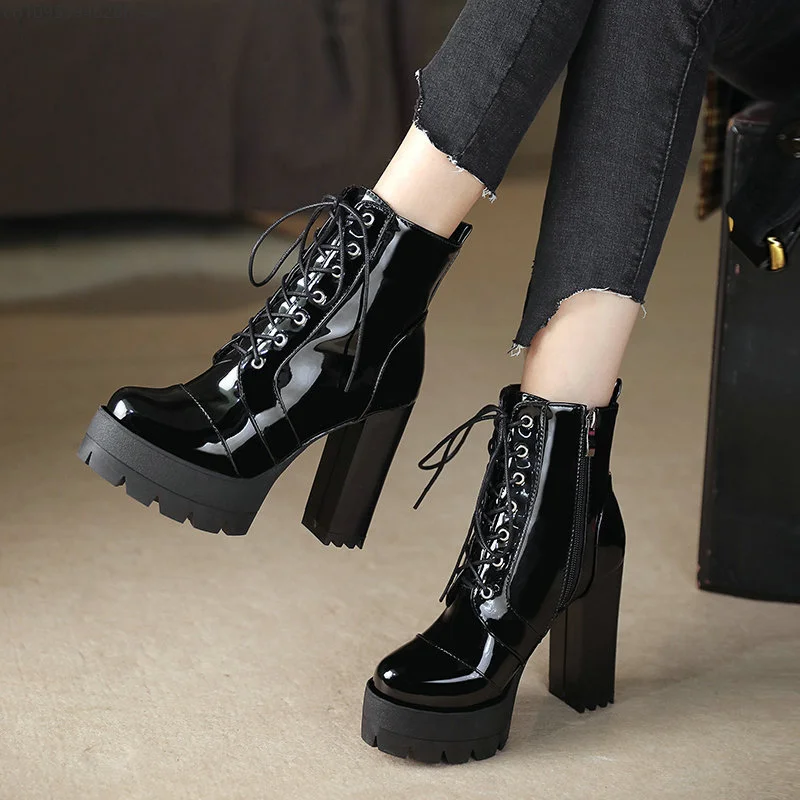 Ultra-high heel boots women round head thick with waterproof platform lace-up boots patent leather high-heeled boots boot