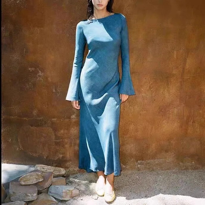 

100% silk women bule long dress 2023 new Flare Long Sleeve Holiday maxi Dress