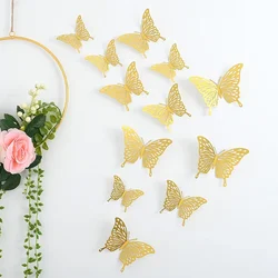 3D Hollow Butterfly Wall Sticker, Decoração do casamento, Sala de estar, Home Decor, Borboletas Decalque, Ouro, Prata, Rosa, 12Pcs, Conjunto