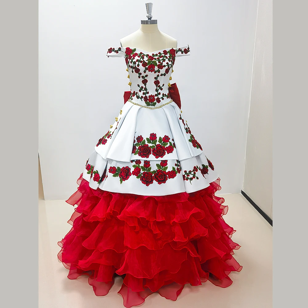 Luxury White Red Evening Dresses Sleeveless Lace Up Appliques Tiered Back Bow Prom Ball Gown Special Occasion Long Dresses 2024