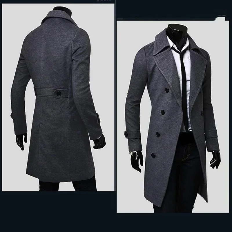 Trench coat masculino duplo breasted mistura de lã 2023 outono inverno sólido casual fino ajuste jaqueta longa casaco de lã moda roupas masculinas