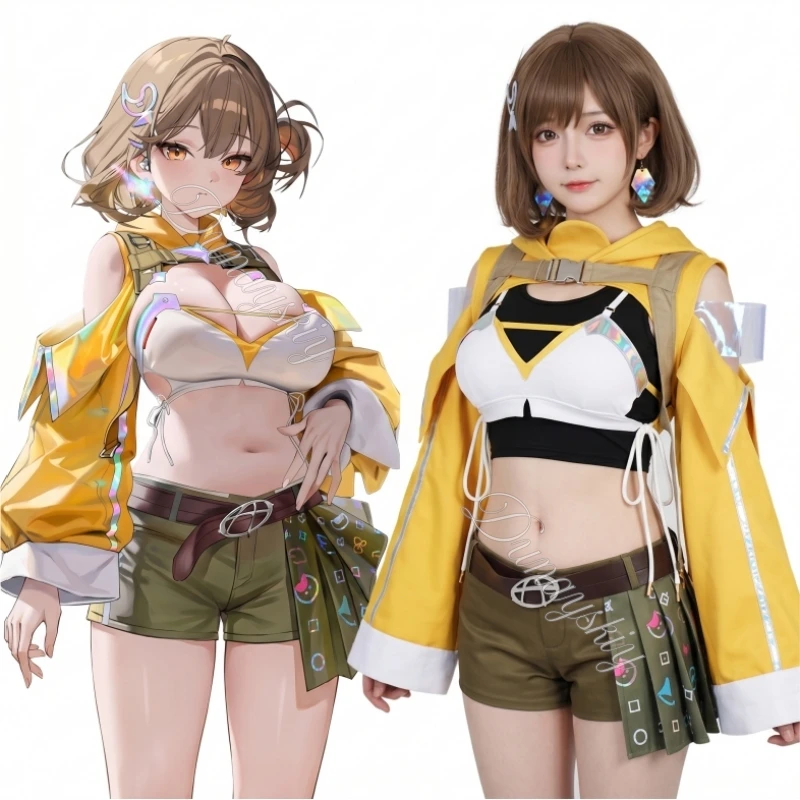 Vic Godndness Anis Cosplay Costume Yellow Hooded Crop Top Set White Inner Top Shorts Full Set For Women Halloween Cosplay Game