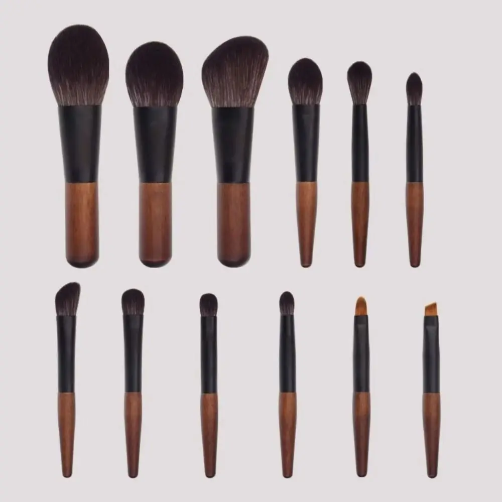 12 pçs portátil lábio forro mini conjunto de escova de maquiagem com caixa de armazenamento conjunto de escova corretivo de madeira blush peludo olho sobrancelha rolo escova feminina