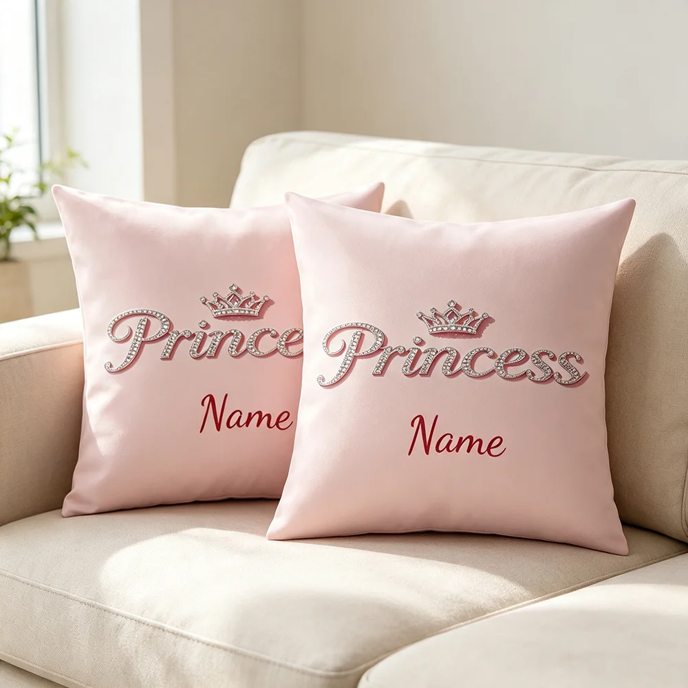 1PC Personalized Name Pillow Cover,Cushion Cover,Pink Princess Crown Rhinestone Pattern,Custom Text,Sofa Bedroom Decor Gift