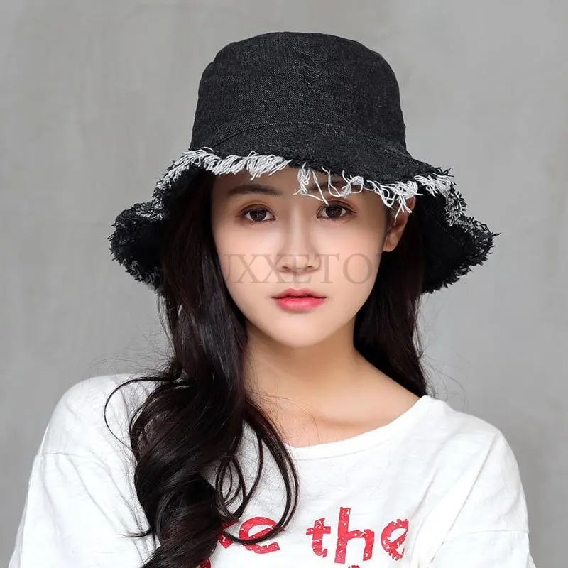 Women Summer Tassel Washed Denim Bucket Hats Fashion Ladies Wide Brim Foldable Panama Cap Outdoor Beach Fisherman Hat Unisex