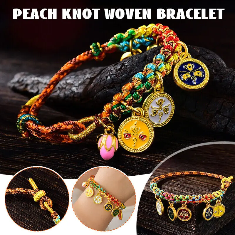 Handmade Tibetan Bracelet Peach Knot Woven Bracelet Tibetan Handchain God of Wealth Bangle Adjustable Pulling Rope Wristchain