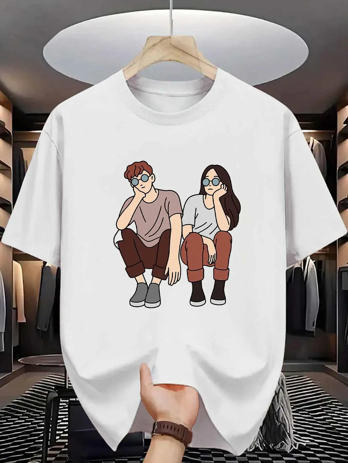 Cartoon Couple Squatting Illustration T-Shirt Summer Men's Tracksuit Casual Breathable Sportswear Harajuku Fashion Streetwear