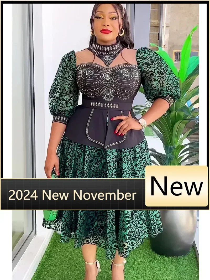 

Customized Autumn Women Printed Dress with Lantern Sleeves Half High Collar Beaded A-line Retro Sexy Slim Fit Luxury Party Eveni