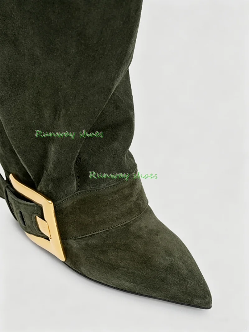 Botas Largas Militares Verdes Artificiales por Encima de la Rodilla, Stilettos Puntiagudos, Botas Holgadas con Hebilla Metálica Decorativa, Calzado de Lujo