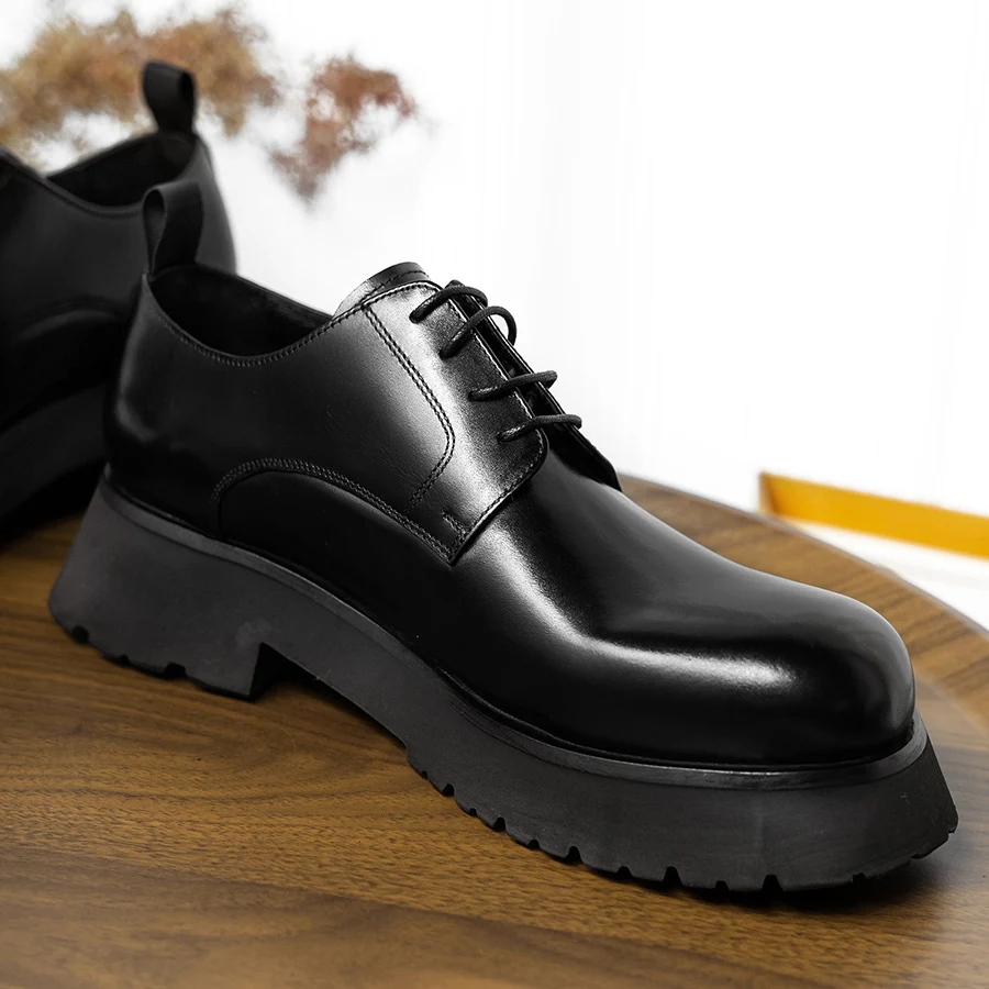 Fashion Black Business Casual Genuine Leather Lace Up Breathable Handmade Thick Platform Wedding Office Derby Shoes For Men