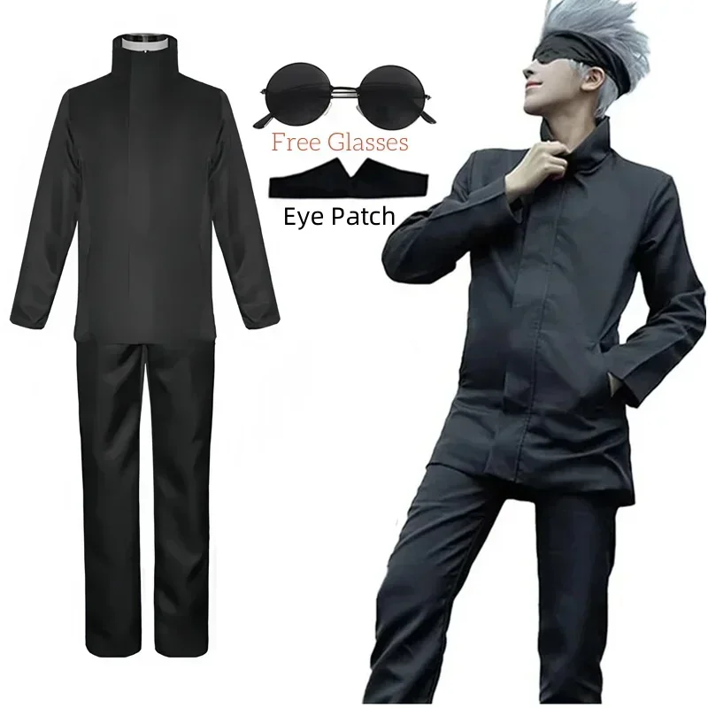 Disfraz de Cosplay de Gojo Satoru de Jujutsu Kaisen, Parche para Ojos, Pelucas, Gafas, Traje, Disfraces de Halloween para Hombre