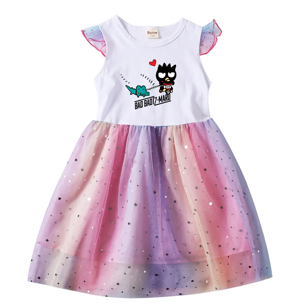 

Cute Badtz Maru Summer Kids Dresses for Girls Fashion Short Sleeve Princess Dress Children's Prom Mesh Dresses