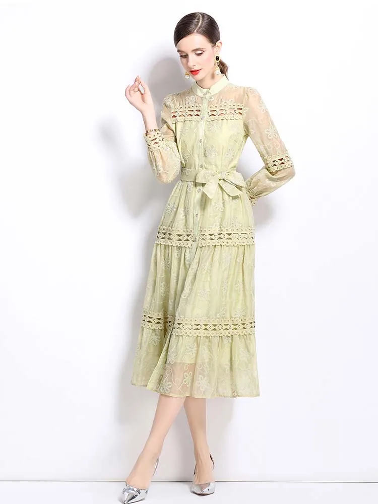 Elegancka sukienka koszulowa z kwiatowym haftem z szarfami damska z długim rękawem koronkowa patchworkowa sukienka Midi drążą 2025 lato 5D085