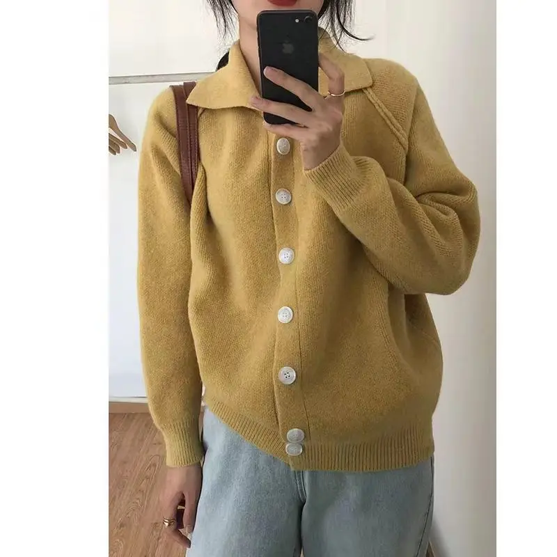 Pull en tricot épais à col rétro, couleur unie, Style paresseux d'automne