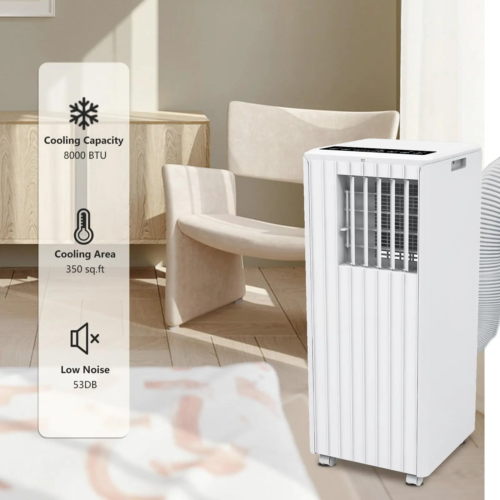 8000 BTU Portable Air Conditioner Quiet Sleep Mode, 3-in-1 Cooling Dehumidifying Fan for 350 Sq Ft Rooms, Energy-Saving 24-Hr Timer, AC Unit with Remote Full Window Kit White