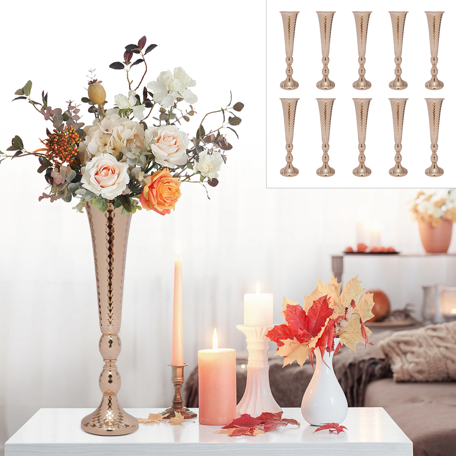 

10 Pcs Flowered Metal Trumpet Vase Wedding Centerpieces Vase for Party Decoration, 20.5in Tall Flower Vases for Reception Table