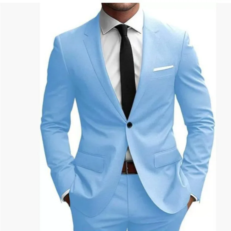 

Мужской костюм-двойка цвета небесно-голубого, приталенный, с одной пуговицей, с вырезанными лацканами, для свадьбы, выпускного вечера, торжественных мероприятий