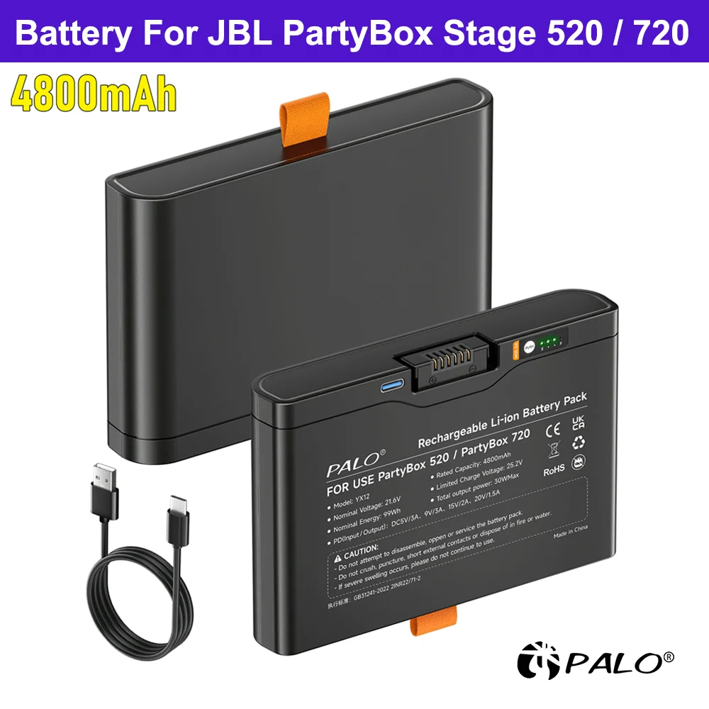 PALO 1-2 szt. Bateria zamienna 4800mAh do głośnika Bluetooth JBL Battery 600 Boombox 4 PartyBox 520/720 z wejściem Type-C