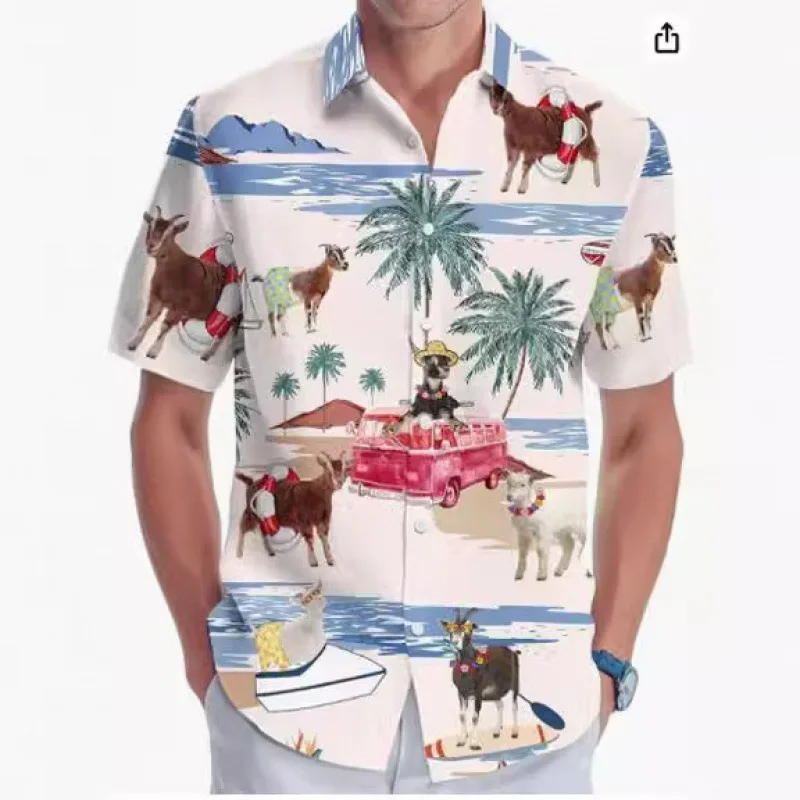 Men's Hawaiian Short-Sleeve Shirt, Cute Shepherd Dog Print, Loose-Fitting Collared Shirt, Beach Casual Outdoor Quick-Drying Top