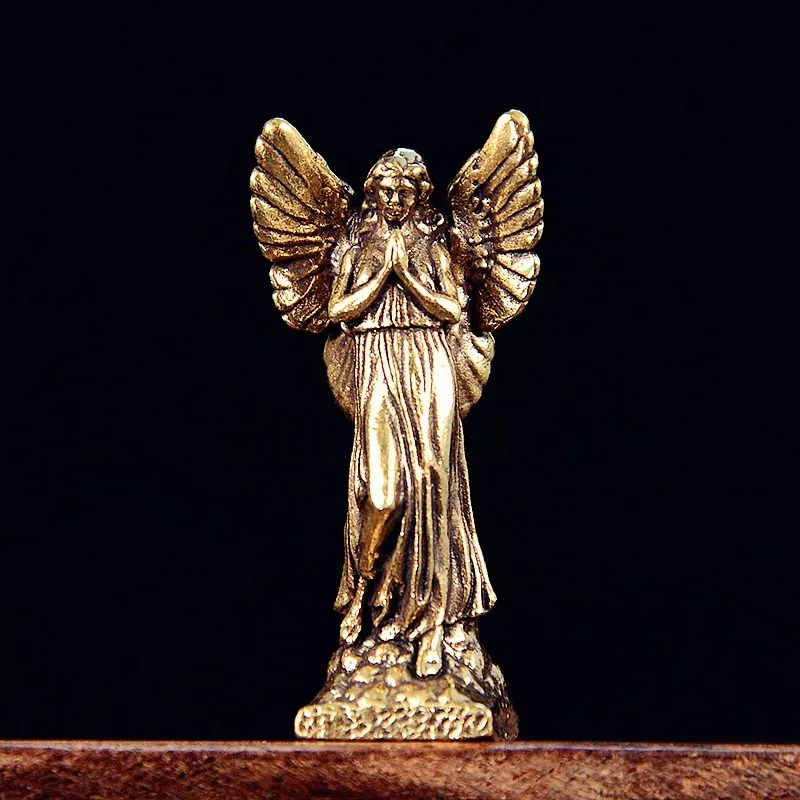 Solid Brass Blessed Angel Small Statue Vintage Character Miniatures Figurines Desktop Decorations Crafts Home Decors Ornaments