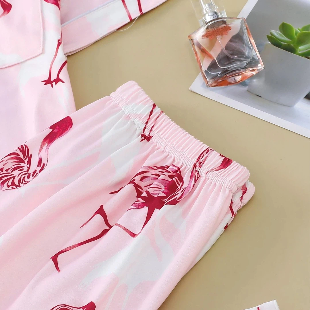 بيجامة على شكل حيوان وردي مع طية صدر السترة مطبوعة على شكل طائر الفلامنغو بأكمام قصيرة وبنطلون طويل ملابس للاستلقاء مجموعة ملابس منزلية هدايا للنساء #6