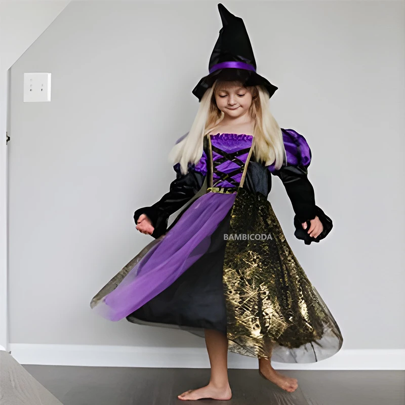 Vestido de Halloween para meninas, fantasia bruxa, gótico, fantasma, traje, tutu, chapéu para Purim, carnaval