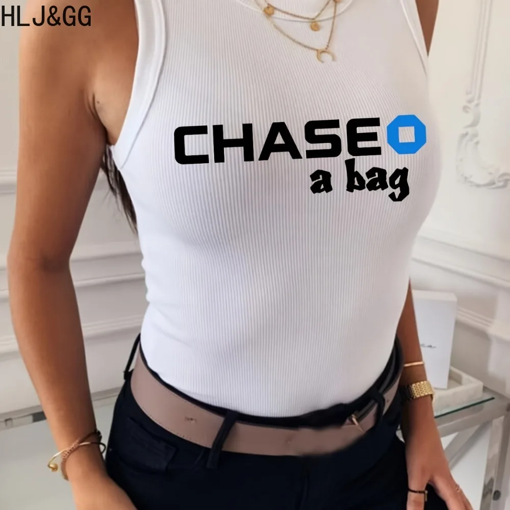 

HLJ&GG Summer New Ribber Letter Print Slim Tank Tops Women Round Neck Sleeveless Matching Vests Fashion Female Sporty Streetwear