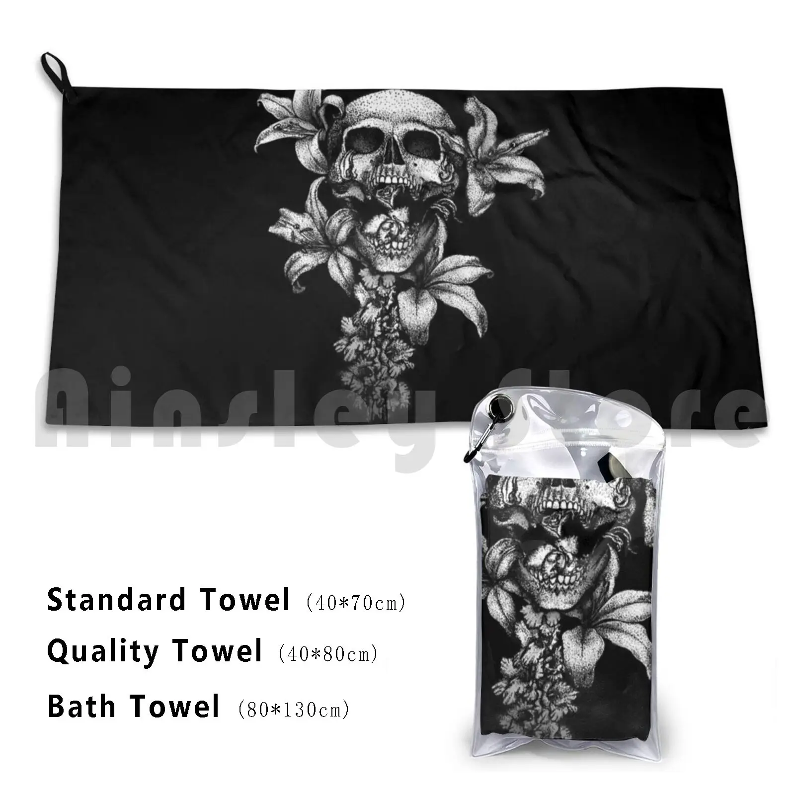 Ghostly Funerary Skull ( Colorway 1 ) Bath Towel Beach Cushion Skull Skulls Lilies Lily Flowers Flower Funeral