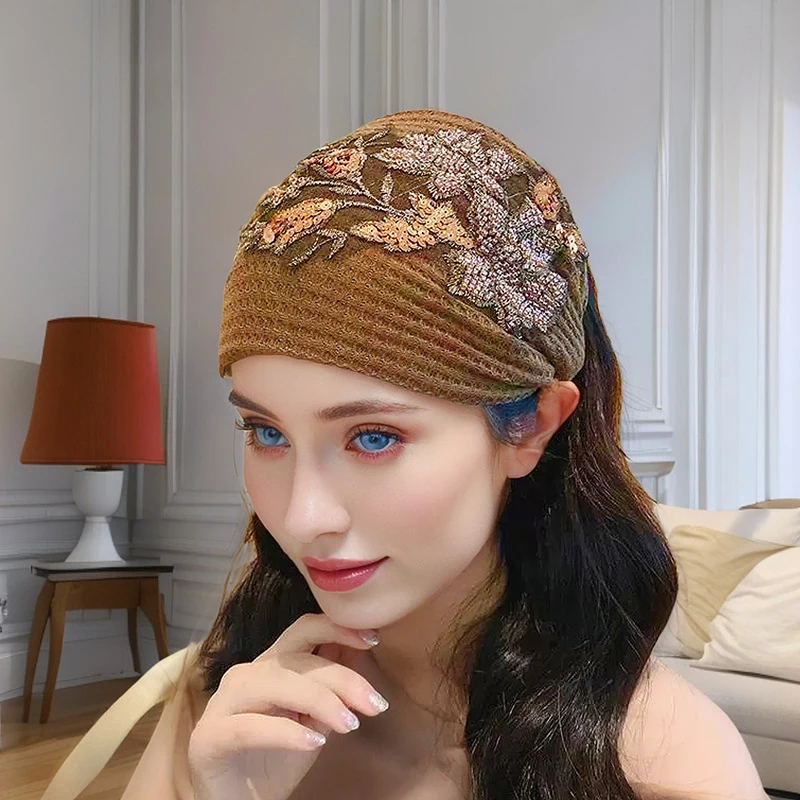 Flower Pattern Shiny Rhinestones Faux Pearls Hair Band High Elastic Wide Hair Hijabs Holder