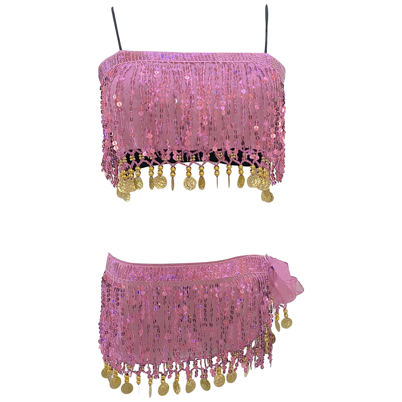 Womens Buikdans Outfit Pailletten Kwastje Top Crop Hemdje Veiligheidsshorts Hippe Sjaal 4-delige Danskleding voor India Volksdans