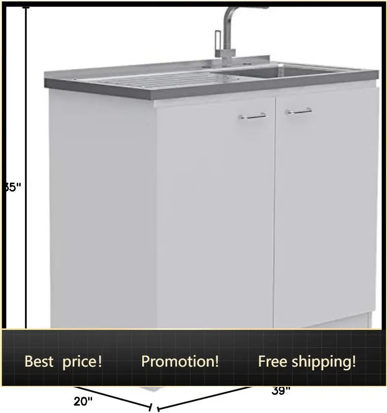 

Furniture Modern Engineered Wood Napoles Utility Sink with Cabinet, 2-Tiered Shelving Unit for Mud Room, Easy Assembly, in White