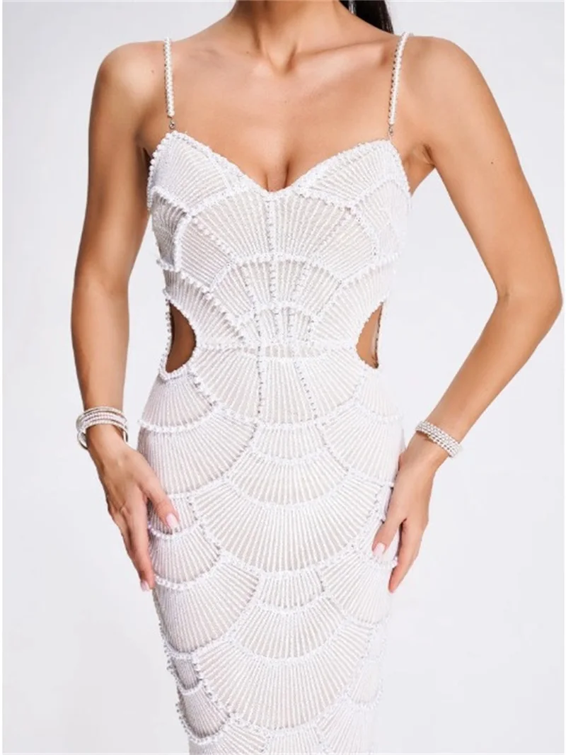 

Major Pearls Sequins Prom Party Dress Luxury Off White Sexy Mermaid Strap Sleeveless Evening Gown Robe De Mariée Vestido