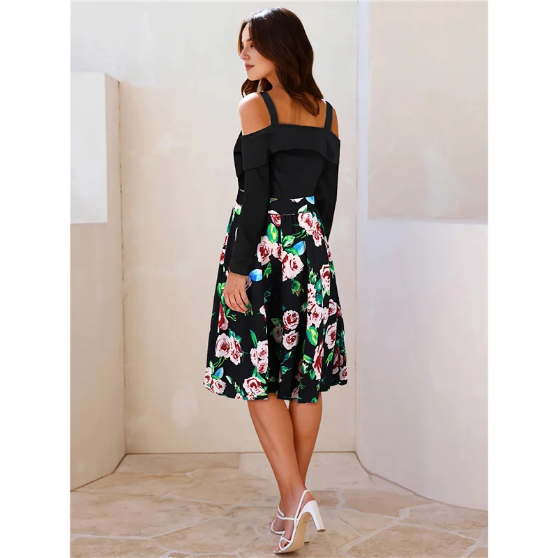 ABP-Women's Spring And Autumn Slim Fit Long Sleeve Off-The-Shoulder Floral A-Line Dress