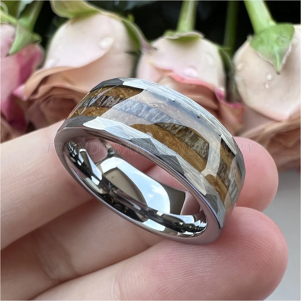 8mm Hammered Fashion Ring for Men Women Tungsten Carbide Engagement Jewelry Wedding Band Whisky Barrel Wood Inlay Brushed Shiny – Detail 2