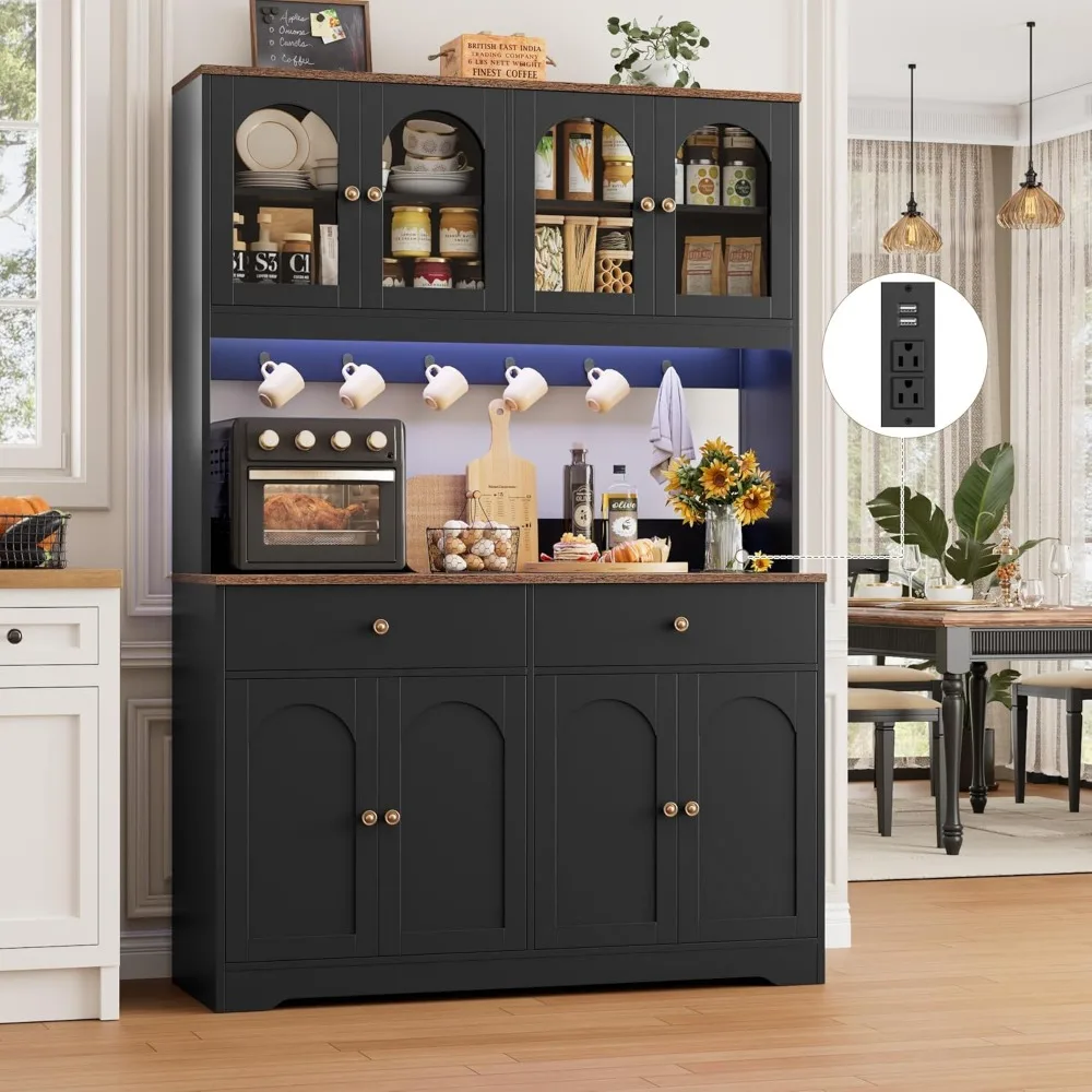 Gabinete de despensa de cocina con iluminación LED grande con toma de corriente, aparador de almacenamiento con puertas y estantes arqueados, 2 cajones para cocina mejorada