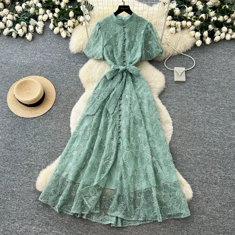 Greenora Luxury Sequin Embroidery Party Formal Dresses Women Elegant Stand Collar Puff Sleeve Floral Self Tie Waist Mesh Lace