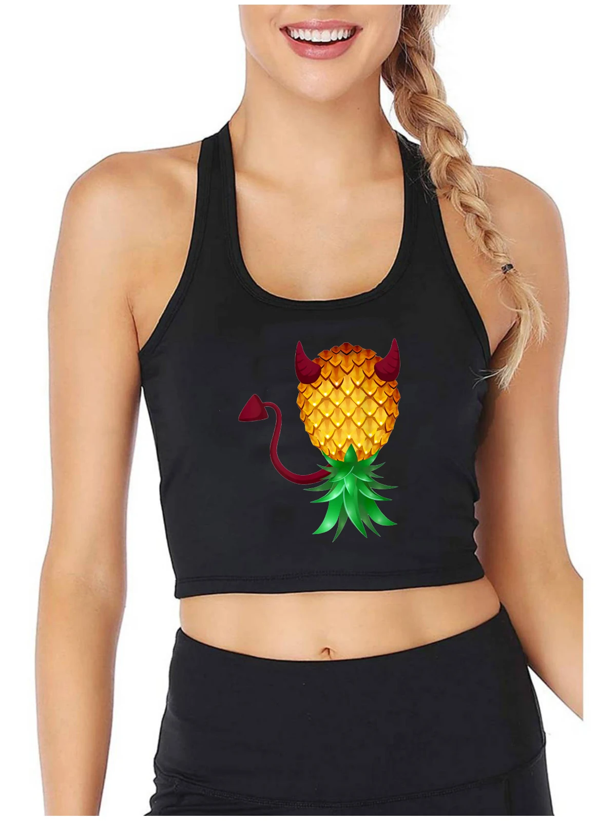 

Upside Down Bad Pineapple Devil Horn Design Tank Tops Hotwife Naughty Sexy Slim Fit Crop Top Swingers BDSM Flirting Camisole