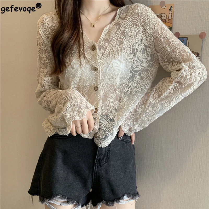 2022 Summer New French Lace Long Sleeve Solid Color Tops V Neck Buttons Loose Cardigan Perspective Fashion Korean Women Clothing