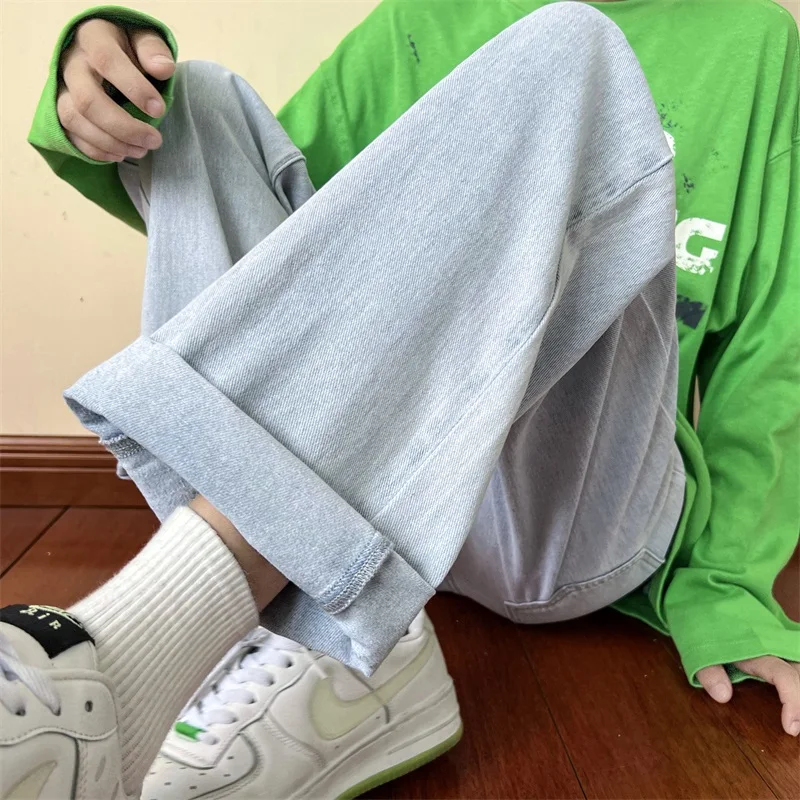 

Светло-голубые мужские джинсы свободного кроя с широкими штанинами в стиле ретро, американский хип-хоп, повседневные прямые брюки, молодежный тренд, осенние длинные штаны