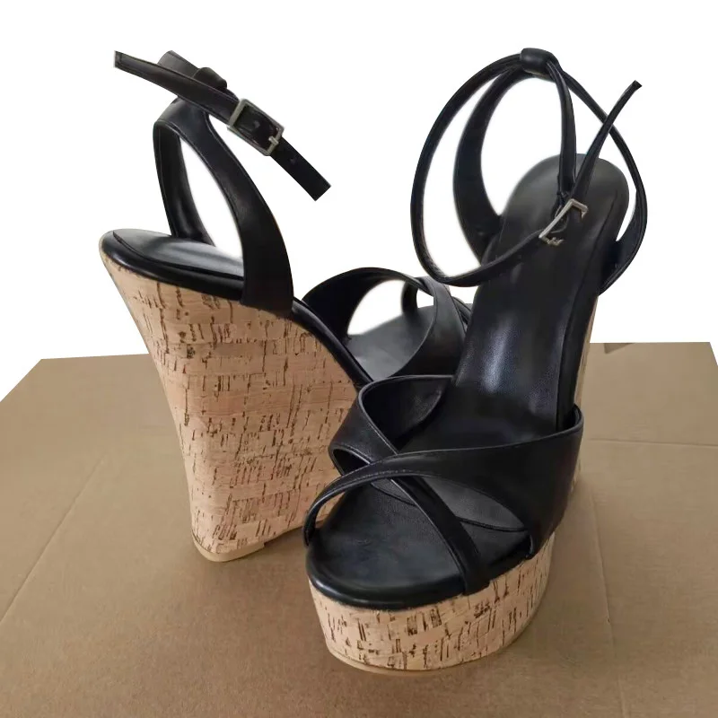 SHOFOO Fashionable women's high-heeled sandals. Black matte leather sandals. About 15cm heel height. Wedges platform sandals.
