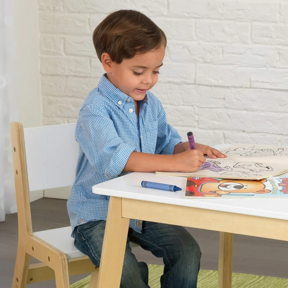 Tavolo moderno in legno e Set di 2 sedie, mobili per bambini, bianco e naturale, regalo per età 3-8