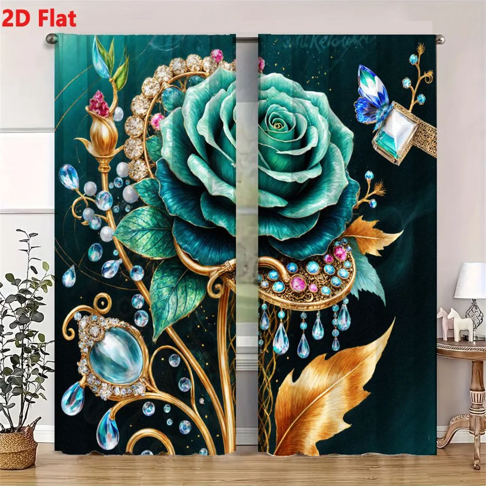 2Pcs Curtains 2D Flat Ornate Fantasy Teal Rose Illustration with Golden Vine Jewels Blue Pink Gems Butterfly Window Drapes for B 4