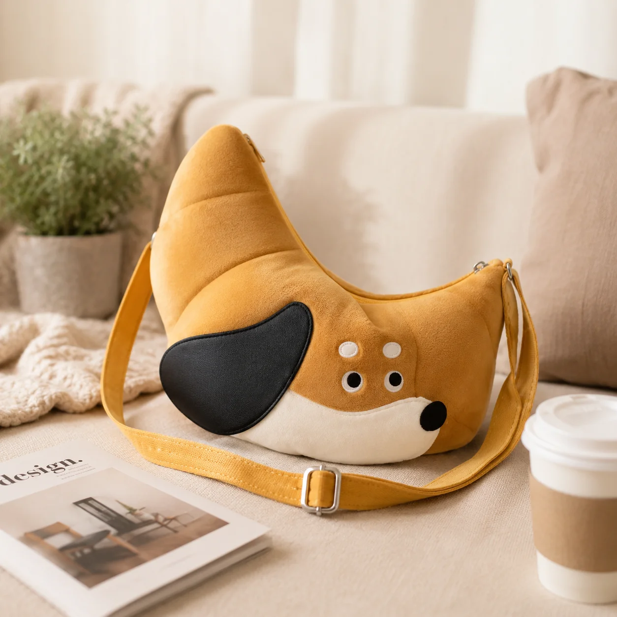 Cute Croissant Dachshund Plush Bag Crossbody Shoulder Purse Coin Wallet Gift For Women Girls Travel Party Casual Novelty